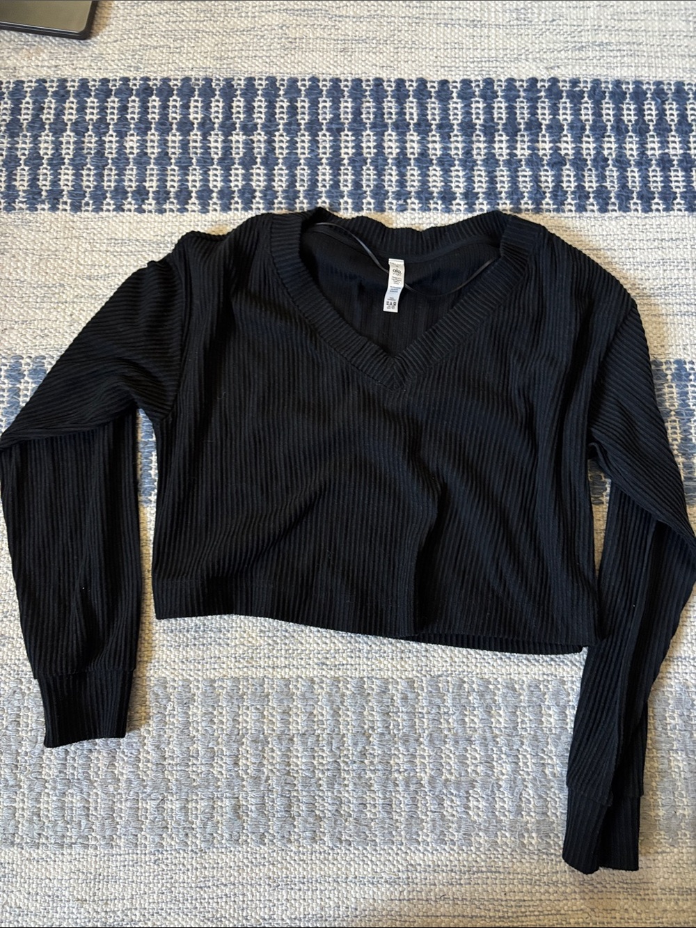ALO Yoga Black Ribbed V-Neck Long Sleeve Crop Top